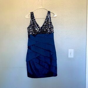 Satin Sequin Rich Blue Short Dress